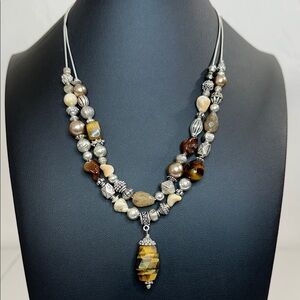 Double Strand Faucet Jasper Pendant Glass & Silvertone Floating Bead Necklace